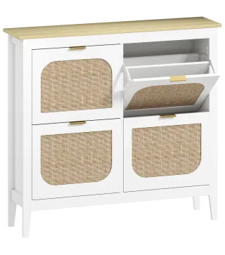 Zapatero Estrecho con 4 Puertas de Ratán Estantes Ajustables para 20 Pares de Zapatos 105x24x95,5 cm Blanco