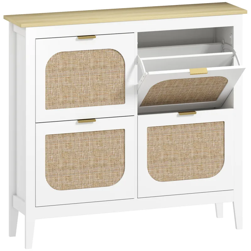 Zapatero Estrecho con 4 Puertas de Ratán Estantes Ajustables para 20 Pares de Zapatos 105x24x95,5 cm Blanco