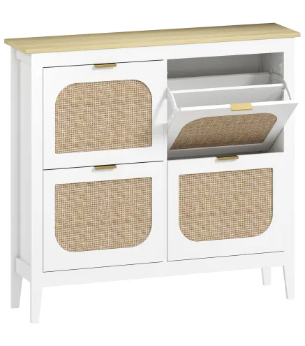 Zapatero Estrecho con 4 Puertas de Ratán Estantes Ajustables para 20 Pares de Zapatos 105x24x95,5 cm Blanco