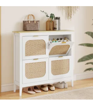 Zapatero Estrecho con 4 Puertas de Ratán Estantes Ajustables para 20 Pares de Zapatos 105x24x95,5 cm Blanco