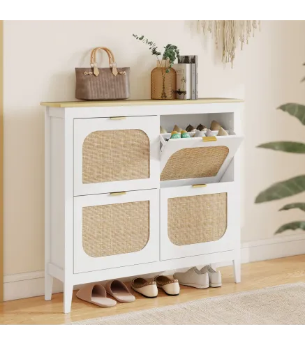 Zapatero Estrecho con 4 Puertas de Ratán Estantes Ajustables para 20 Pares de Zapatos 105x24x95,5 cm Blanco