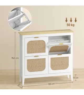 Zapatero Estrecho con 4 Puertas de Ratán Estantes Ajustables para 20 Pares de Zapatos 105x24x95,5 cm Blanco