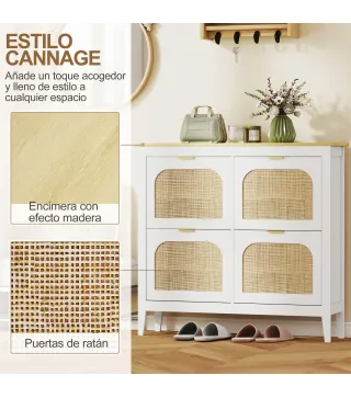 Zapatero Estrecho con 4 Puertas de Ratán Estantes Ajustables para 20 Pares de Zapatos 105x24x95,5 cm Blanco