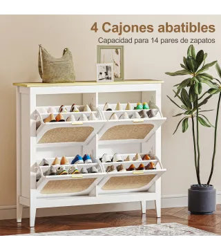Zapatero Estrecho con 4 Puertas de Ratán Estantes Ajustables para 20 Pares de Zapatos 105x24x95,5 cm Blanco