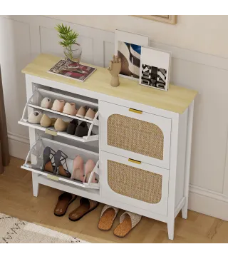 Zapatero Estrecho con 4 Puertas de Ratán Estantes Ajustables para 20 Pares de Zapatos 105x24x95,5 cm Blanco