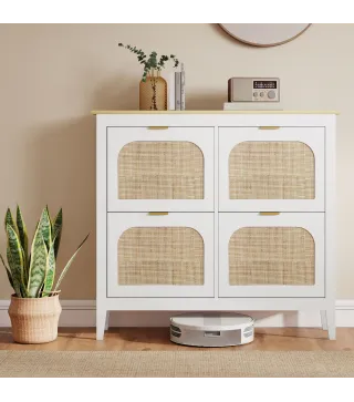 Zapatero Estrecho con 4 Puertas de Ratán Estantes Ajustables para 20 Pares de Zapatos 105x24x95,5 cm Blanco