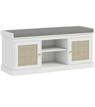 Banco Zapatero con Puertas Frentes de Ratán Estantes Ajustables y Abiertos para Entrada Dormitorio 105x35x47 cm Blanco