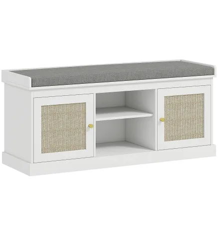Banco Zapatero con Puertas Frentes de Ratán Estantes Ajustables y Abiertos para Entrada Dormitorio 105x35x47 cm Blanco