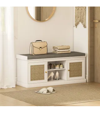 Banco Zapatero con Puertas Frentes de Ratán Estantes Ajustables y Abiertos para Entrada Dormitorio 105x35x47 cm Blanco