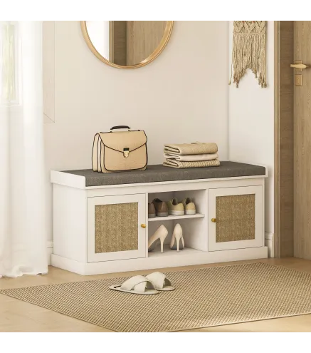 Banco Zapatero con Puertas Frentes de Ratán Estantes Ajustables y Abiertos para Entrada Dormitorio 105x35x47 cm Blanco