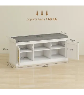 Banco Zapatero con Puertas Frentes de Ratán Estantes Ajustables y Abiertos para Entrada Dormitorio 105x35x47 cm Blanco