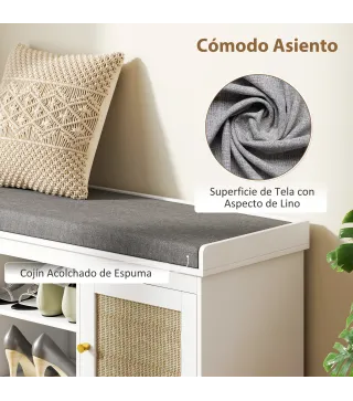 Banco Zapatero con Puertas Frentes de Ratán Estantes Ajustables y Abiertos para Entrada Dormitorio 105x35x47 cm Blanco