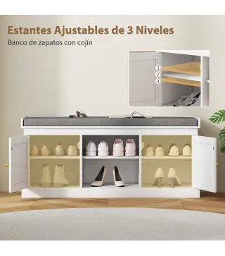 Banco Zapatero con Puertas Frentes de Ratán Estantes Ajustables y Abiertos para Entrada Dormitorio 105x35x47 cm Blanco