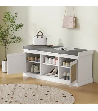 Banco Zapatero con Puertas Frentes de Ratán Estantes Ajustables y Abiertos para Entrada Dormitorio 105x35x47 cm Blanco
