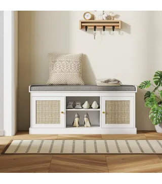 Banco Zapatero con Puertas Frentes de Ratán Estantes Ajustables y Abiertos para Entrada Dormitorio 105x35x47 cm Blanco