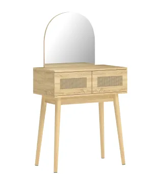 Tocador de Maquillaje con Espejo Arqueado 2 Cajones con Frontal de Ratán para Espacios Pequeños Natural