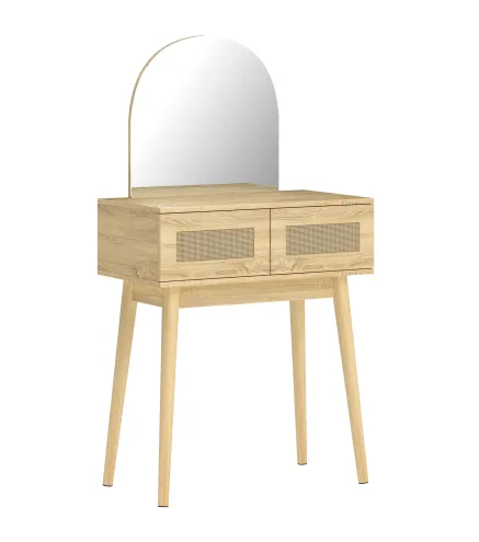 Tocador de Maquillaje con Espejo Arqueado 2 Cajones con Frontal de Ratán para Espacios Pequeños Natural
