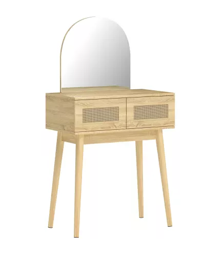 Tocador de Maquillaje con Espejo Arqueado 2 Cajones con Frontal de Ratán para Espacios Pequeños Natural