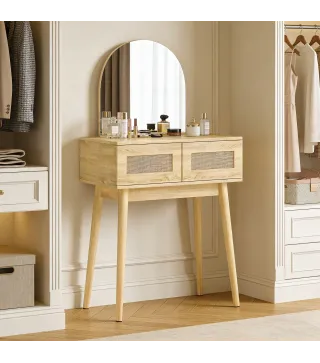 Tocador de Maquillaje con Espejo Arqueado 2 Cajones con Frontal de Ratán para Espacios Pequeños Natural