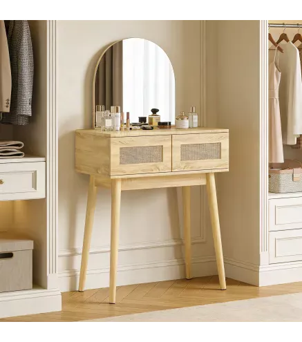 Tocador de Maquillaje con Espejo Arqueado 2 Cajones con Frontal de Ratán para Espacios Pequeños Natural