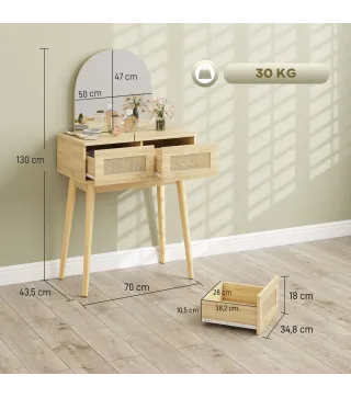 Tocador de Maquillaje con Espejo Arqueado 2 Cajones con Frontal de Ratán para Espacios Pequeños Natural