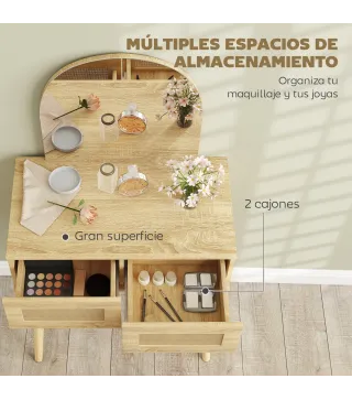 Tocador de Maquillaje con Espejo Arqueado 2 Cajones con Frontal de Ratán para Espacios Pequeños Natural