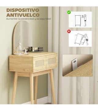Tocador de Maquillaje con Espejo Arqueado 2 Cajones con Frontal de Ratán para Espacios Pequeños Natural
