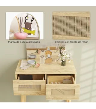 Tocador de Maquillaje con Espejo Arqueado 2 Cajones con Frontal de Ratán para Espacios Pequeños Natural