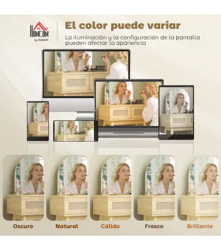 Tocador de Maquillaje con Espejo Arqueado 2 Cajones con Frontal de Ratán para Espacios Pequeños Natural