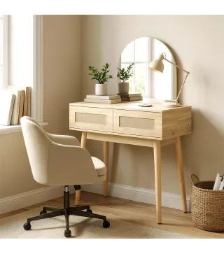 Tocador de Maquillaje con Espejo Arqueado 2 Cajones con Frontal de Ratán para Espacios Pequeños Natural