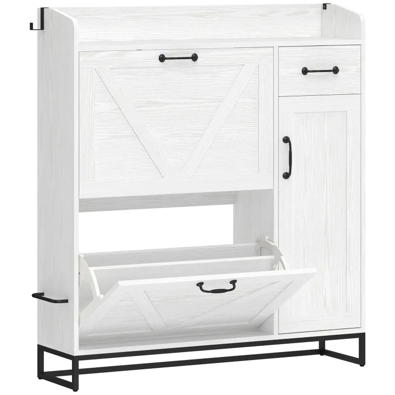 Zapatero Estrecho con 2 Cajones Abatibles Estantes Ajustables para 12 Pares para Espacio Reducido 106,7x26x116cm Blanco