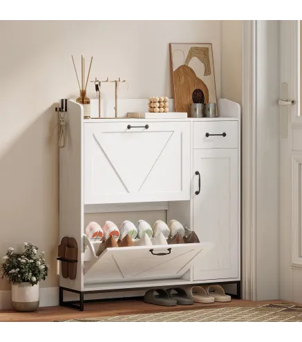 Zapatero Estrecho con 2 Cajones Abatibles Estantes Ajustables para 12 Pares para Espacio Reducido 106,7x26x116cm Blanco