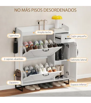Zapatero Estrecho con 2 Cajones Abatibles Estantes Ajustables para 12 Pares para Espacio Reducido 106,7x26x116cm Blanco