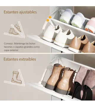 Zapatero Estrecho con 2 Cajones Abatibles Estantes Ajustables para 12 Pares para Espacio Reducido 106,7x26x116cm Blanco
