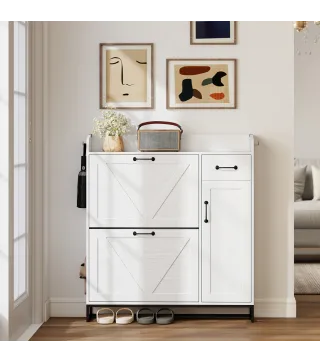 Zapatero Estrecho con 2 Cajones Abatibles Estantes Ajustables para 12 Pares para Espacio Reducido 106,7x26x116cm Blanco