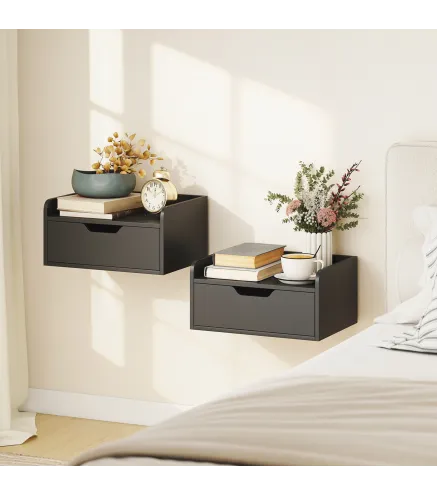 Set de 2 Mesitas de Noche de Pared Mesillas Flotantes con 1 Cajón para Dormitorio Habitación 40x30x19,5 cm Negro