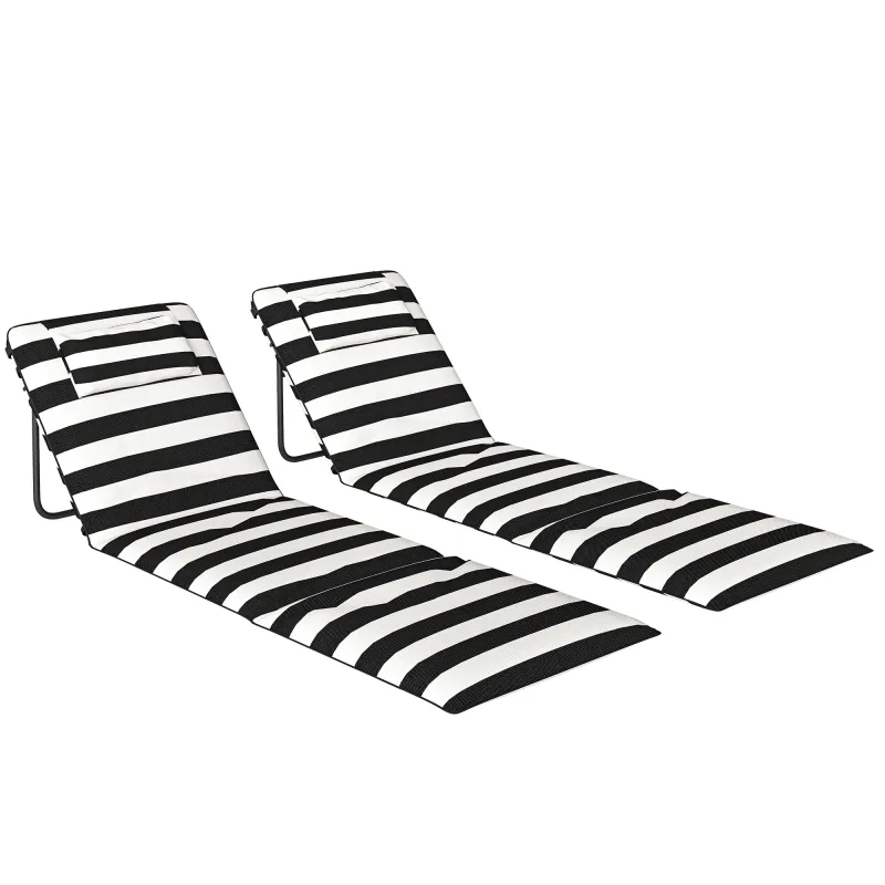Conjunto de 2 Esterillas de Playa Plegable con Respaldo Ajustable Reposacabezas Acolchado 150x50x2 cm Gris y Blanco