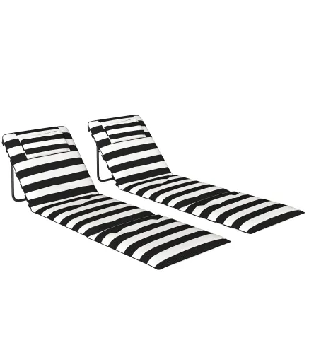 Conjunto de 2 Esterillas de Playa Plegable con Respaldo Ajustable Reposacabezas Acolchado 150x50x2 cm Gris y Blanco