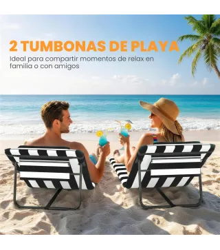 Conjunto de 2 Esterillas de Playa Plegable con Respaldo Ajustable Reposacabezas Acolchado 150x50x2 cm Gris y Blanco