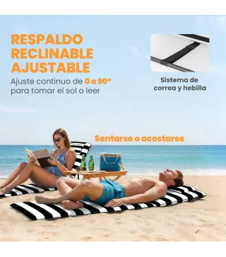 Conjunto de 2 Esterillas de Playa Plegable con Respaldo Ajustable Reposacabezas Acolchado 150x50x2 cm Gris y Blanco