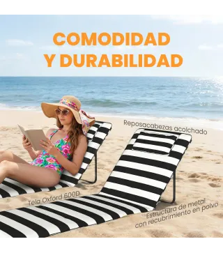 Conjunto de 2 Esterillas de Playa Plegable con Respaldo Ajustable Reposacabezas Acolchado 150x50x2 cm Gris y Blanco