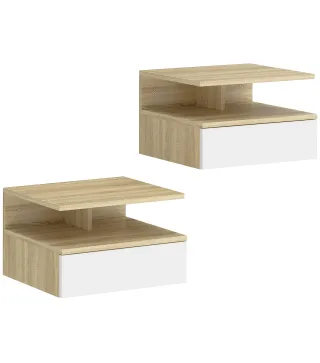 Juego de 2 Mesitas de Noche Flotantes con Cajón Montado en la Pared 35x32x22,5 cm Roble y Blanco