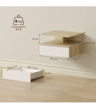 Juego de 2 Mesitas de Noche Flotantes con Cajón Montado en la Pared 35x32x22,5 cm Roble y Blanco
