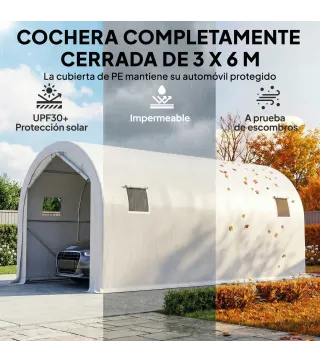 Garaje Exterior para Coche 3x6 m Impermeable con Tejido PE Resistente Marco de Metal Galvanizado UPF 30+ Blanco