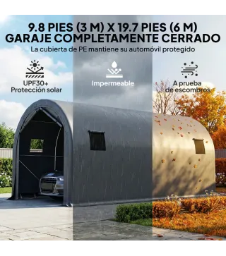 Garaje Exterior para Coche 3x6 m Impermeable con Tejido PE Resistente Marco de Metal Galvanizado UPF 30+ Gris Oscuro