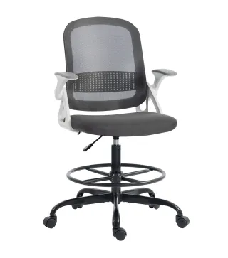 Silla de Escritorio de Malla Silla de Dibujo con Reposabrazos Abatibles Altura Ajustable Reposapiés Gris