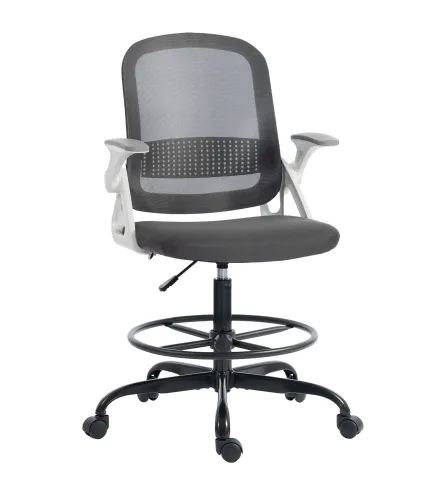 Silla de Escritorio de Malla Silla de Dibujo con Reposabrazos Abatibles Altura Ajustable Reposapiés Gris