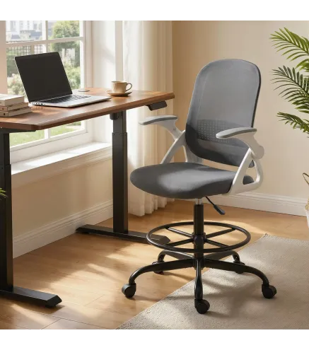 Silla de Escritorio de Malla Silla de Dibujo con Reposabrazos Abatibles Altura Ajustable Reposapiés Gris