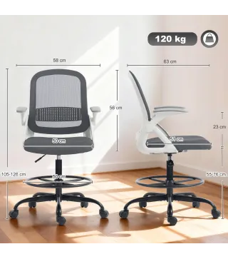 Silla de Escritorio de Malla Silla de Dibujo con Reposabrazos Abatibles Altura Ajustable Reposapiés Gris