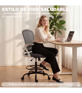 Silla de Escritorio de Malla Silla de Dibujo con Reposabrazos Abatibles Altura Ajustable Reposapiés Gris